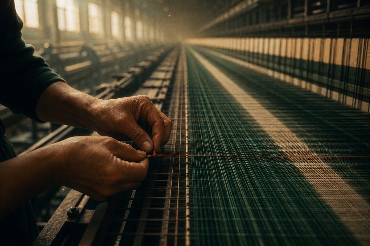 A pair of weathered hands threads a single red throughline across a warm-lit loom, the human judgment that runs through a machine-built weave.
