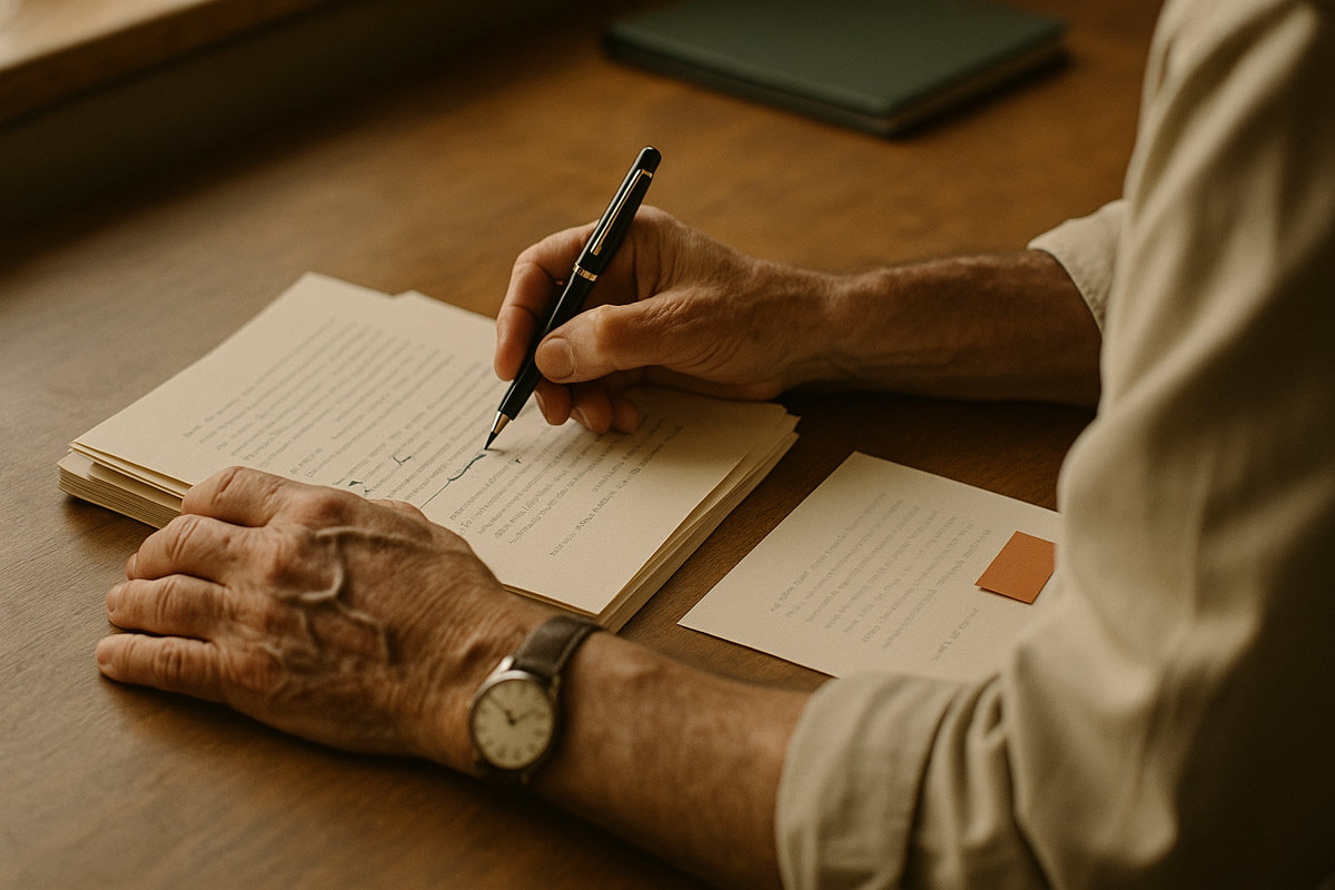 A pair of weathered hands writing at a desk, a watch on the wrist. Provenance shown as work, not a portrait.