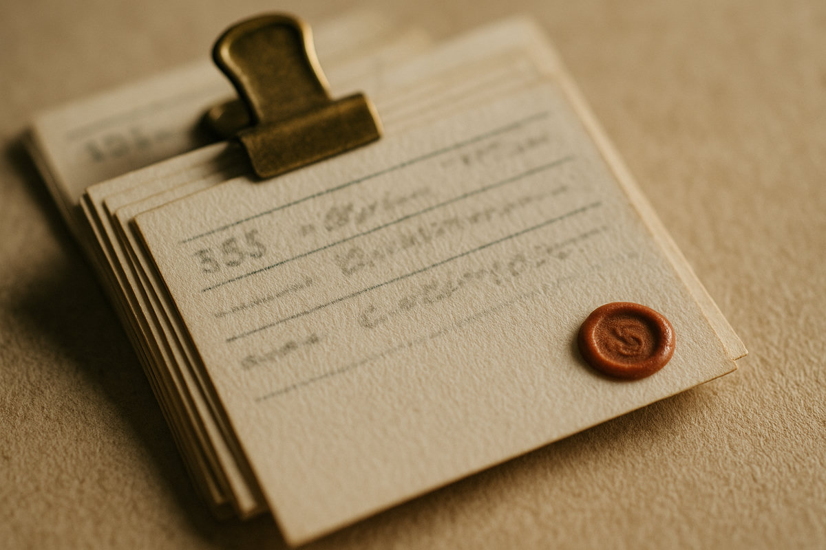 Cream index cards under a brass clip, sealed with a burnt-clay wax seal. The kept-and-dated aesthetic.