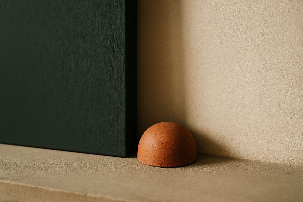 An evergreen-painted panel against warm plaster, a terracotta dome on the ledge, raking light.