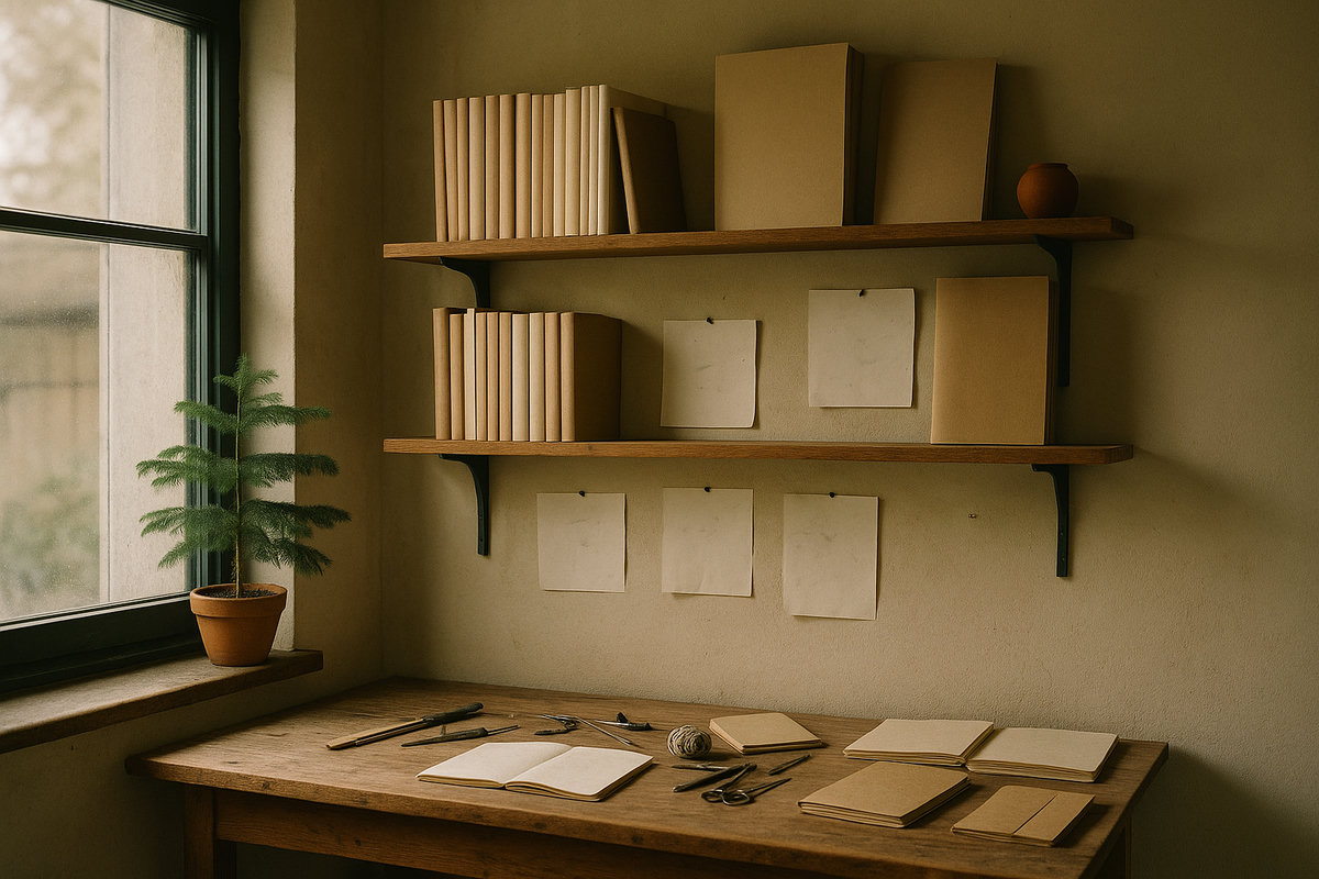 Oak shelves of cream spines and kraft boxes, pinned pages, a small pine at the window. A studio that keeps records.